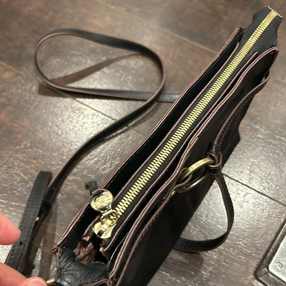 Hobo crossbody bag Black Brown Zipper Brass Ring